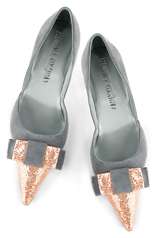 Powder pink and dove grey women's open arch dress pumps. Pointed toe. Medium slim heel. Top view - Florence KOOIJMAN